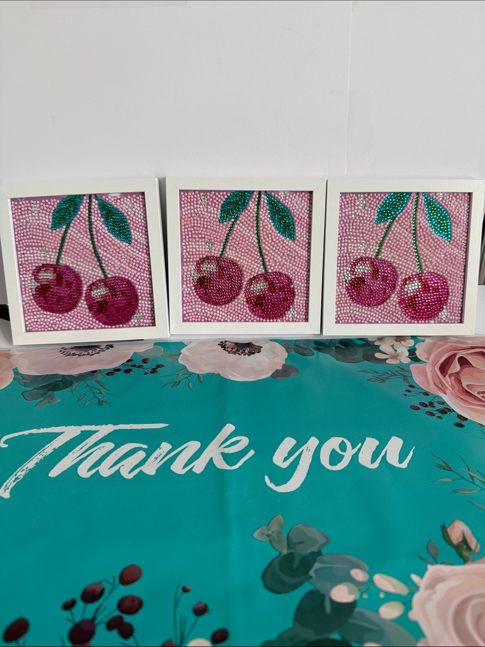 Set of 3 Cherry Diamond Art Framed Wall Decor Pink Sparkle Rhinestone Art